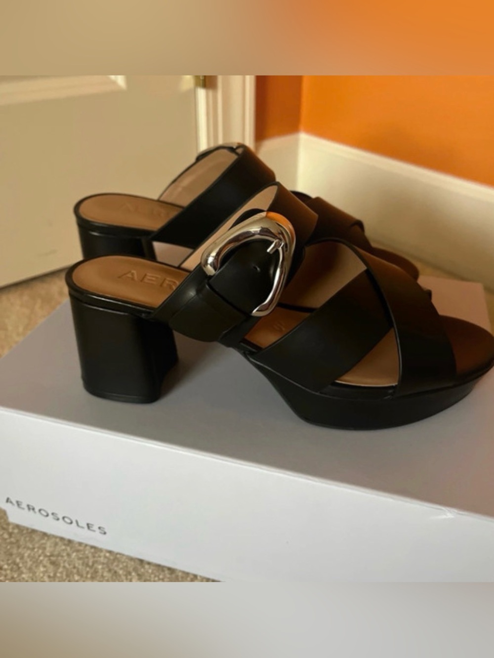 AEROSOLES Black Platform Buckle Slide Heels